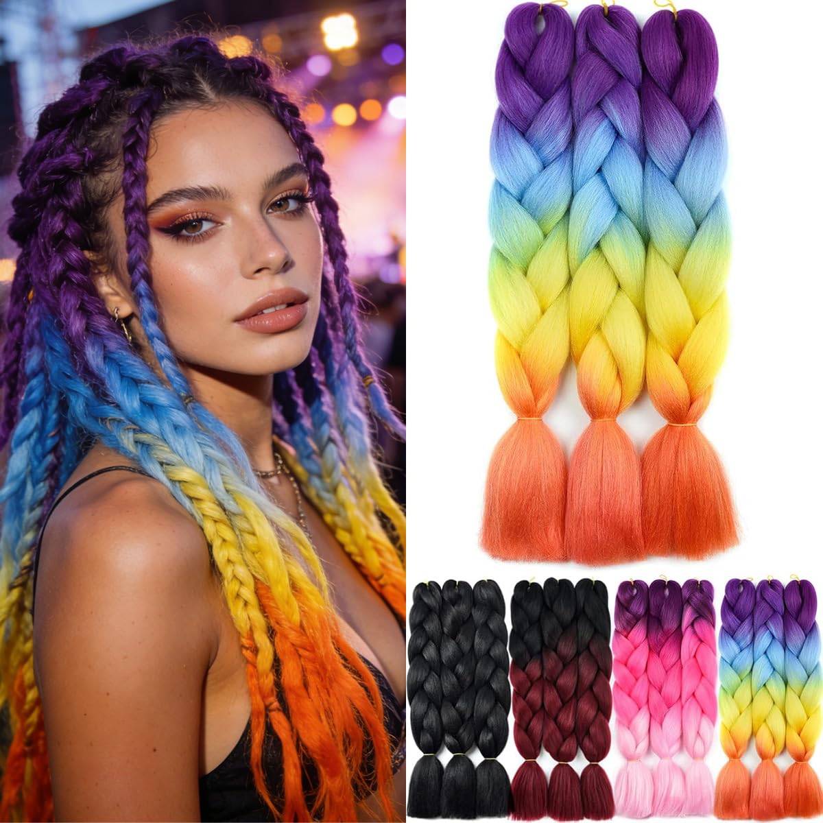 Yamel Ombre Kanekalon Braiding Hair 3 Packs Synthetic Hair Extensions for Braiding Crochet Twist Box Braids 24 Inch 4 Tone Ombre Purple Blue Yellow Orange Jumbo Braiding Hair — image 1