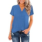 Summer Tops for Women 2024 Trendy V Neck Short Sleeve Tshirt Shirts for Womens Blouses and Tops Dressy Blue