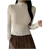 RoseSeek Women's Cable Knit Mock Neck Tops Ruffle Trim Long Sleeve T Shirts Fall Clothes