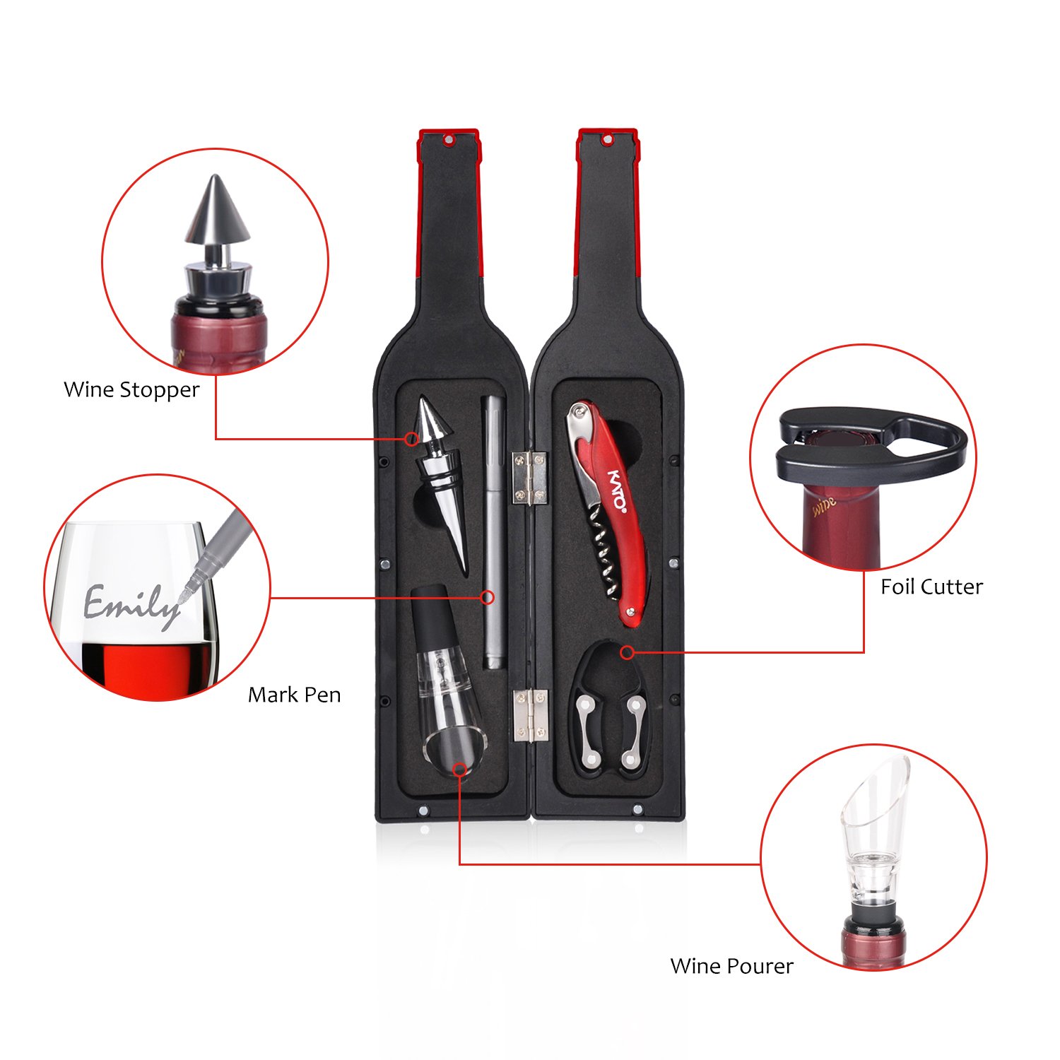 Wine Opener Set , 5 Pcs Deluxe Wine Accessory Set- Includes Corkscrew, Stopper, Aerator Pourer, Foil Cutter, Silver Glass Paint Marker w/ Fun Static Cling Reusable Drink Markers Stickers in Gift Box, Red