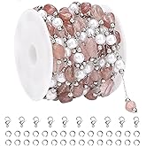 KYUNHOO 13FT/4M Thin Paperclip Chains for Jewelry Making Irregular Natural Stone Chain Link with Pearl Bead Silver Stainless Steel Chains for Women DIY Jewelry Craft Finding Supplies