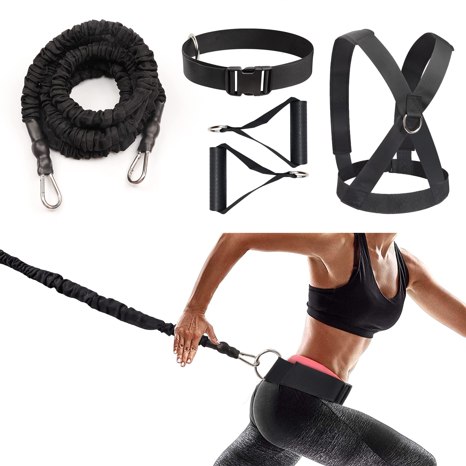 Photo 1 of Sunsign Resistance Running Training Bungee Band, Bungee Resistance Cord Set, Long Resistance Band, Lateral Movement Sprint Overspeed Training Fitness for Fast, 9.8ft-Black