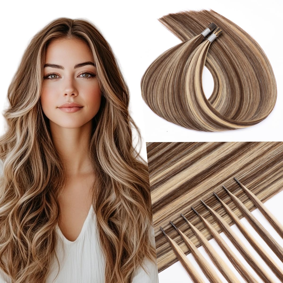 Kun Na I Tip Hair Extensions 50 Strands Pre Bonded Stick Tip Keratin Real Remy Human Hair Extension Straight (#4/613, 18 inch) โ image 1