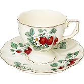JUSONEY Tea Cups and Saucers Set,Porcelain Coffee Mugs,8.4 OZ Vintage Coffee Cups,Gold Trim-Espresso Cups Set for Coffee,Latte,Tea and Cappuccino(Strawberry)