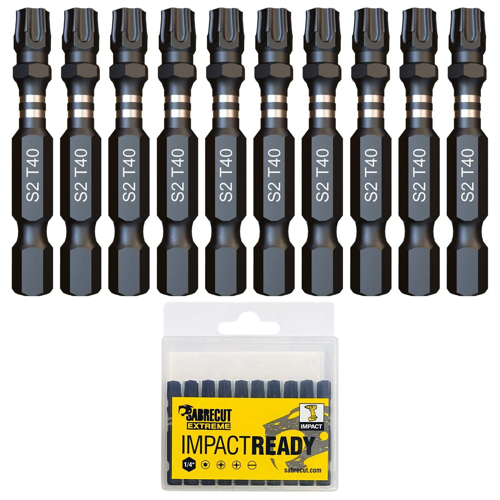 10 x SabreCut SCTX4050_10 50mm TX40 T40 Impact Screwdriver Driver Bits Set Single Ended Torx Heavy Duty Including Storage Box