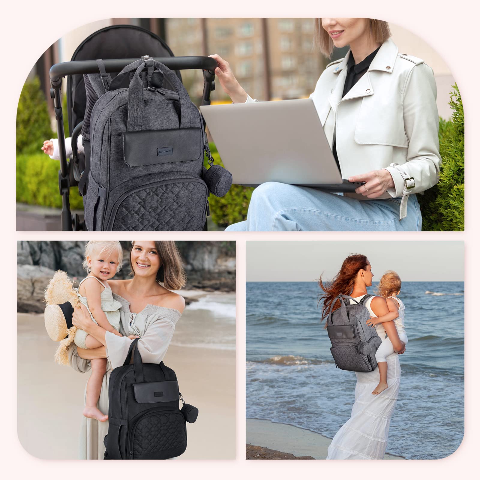 mommore Diaper Bag Backpack Large Travel Diaper Bags with Portable Changing Pad, Pacifier Case and Stroller Straps, Dark Grey