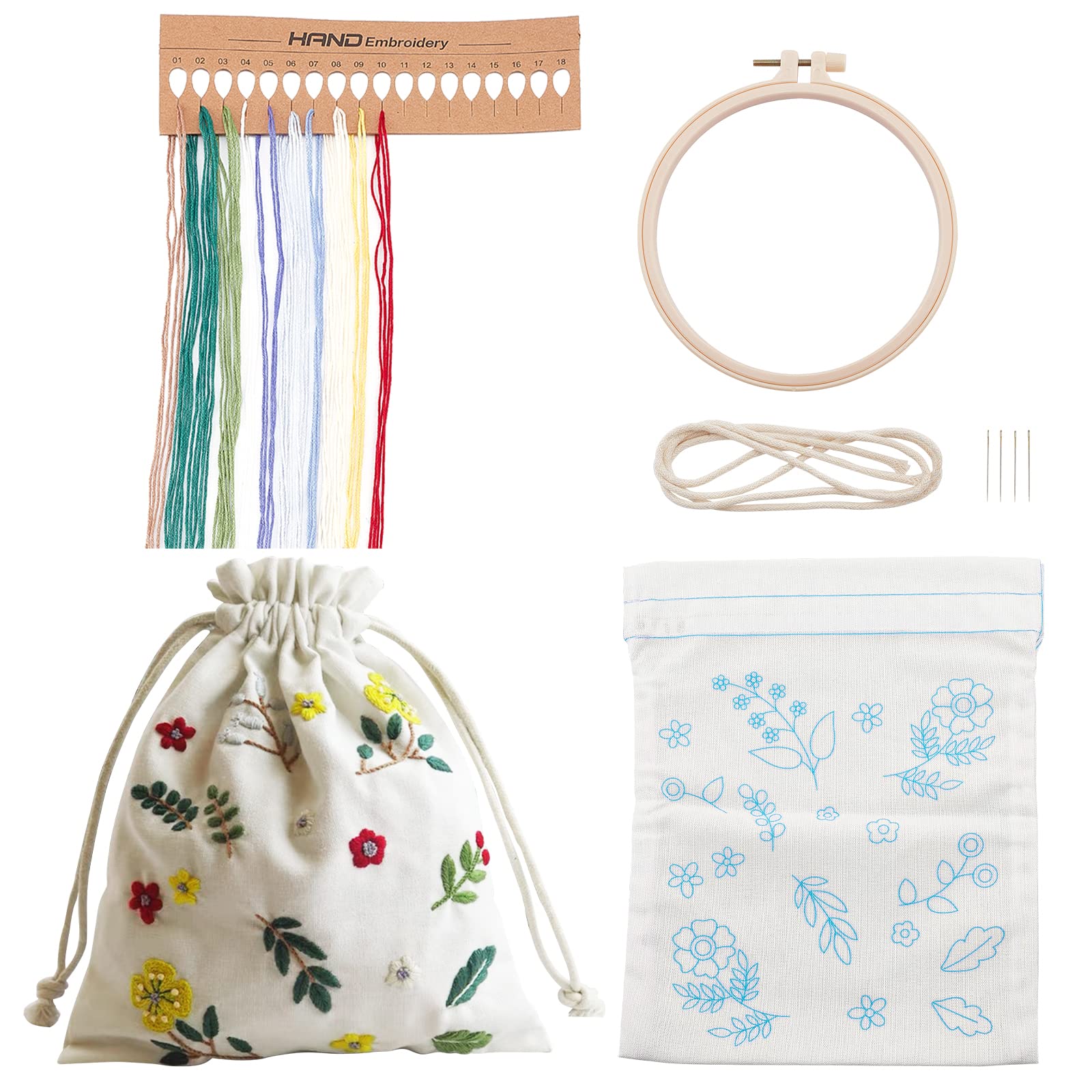 WADORN DIY White Canvas Bag Embroidery Kit, Personalized Drawstring Canvas Bag Cross Stitch Kit with Pattern and Instruction DIY Needlepoint Sewing Craft Bag Starter Kit for Women Mother's Day Gift
