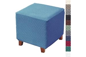 BIFAUNVOGEL Bifaun Vogel Ottoman Cover in Stretch Jacquard Fabric with Elastic Bottom - Thick, Folding Storage Covers for Square Footstool in Turquoise Blue