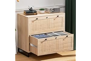VINGLI Wood Rattan 2-Drawer Lateral File Cabinet with Lock for Home Office, Lockable Filing Cabinet with Rustic Metal Handles for Hanging Letter/A4/Legal Size Labeled Folders, Oak, 30W x 16D x 28H