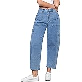 GRAPENT Barrel Jeans for Women Trendy High Waisted Cropped Cargo Pocket Baggy Stretch Denim Pants Wide Leg Tapered Jeans