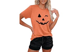 QAUN Halloween Shirts Women:Halloween Smile T Shirt Ghost Graphic Tees Short Sleeve Tops