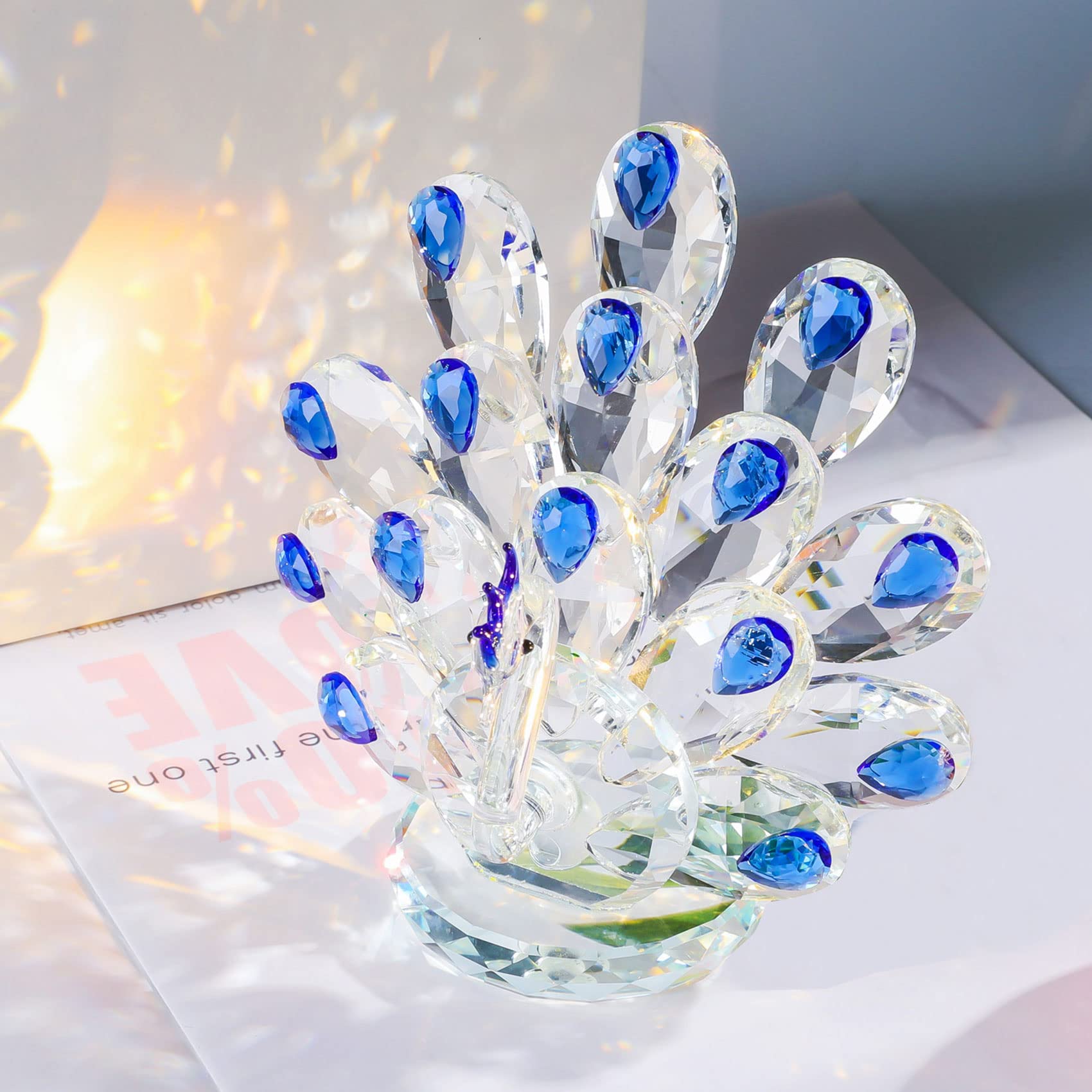 Movdyka Crystal Blue Peacock Figurine Gifts for Women, Handmade Glass Art Collectible Animal for Home Decor, Cute 4.5" Peacock Ornament for Kids