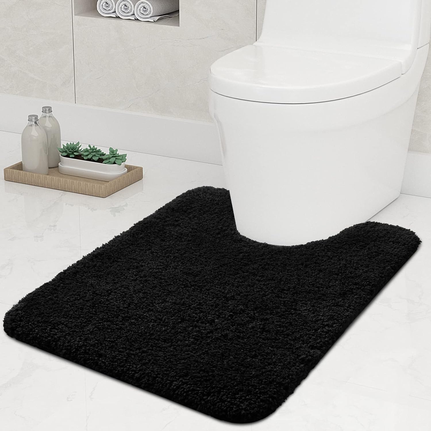 smiry U-Shape Toilet Mat, Extra Soft Pedestal Mat for Toilet, Absorbent Microfiber Toilet Bathroom Mats, 50 x 60 cm, Black — image 1