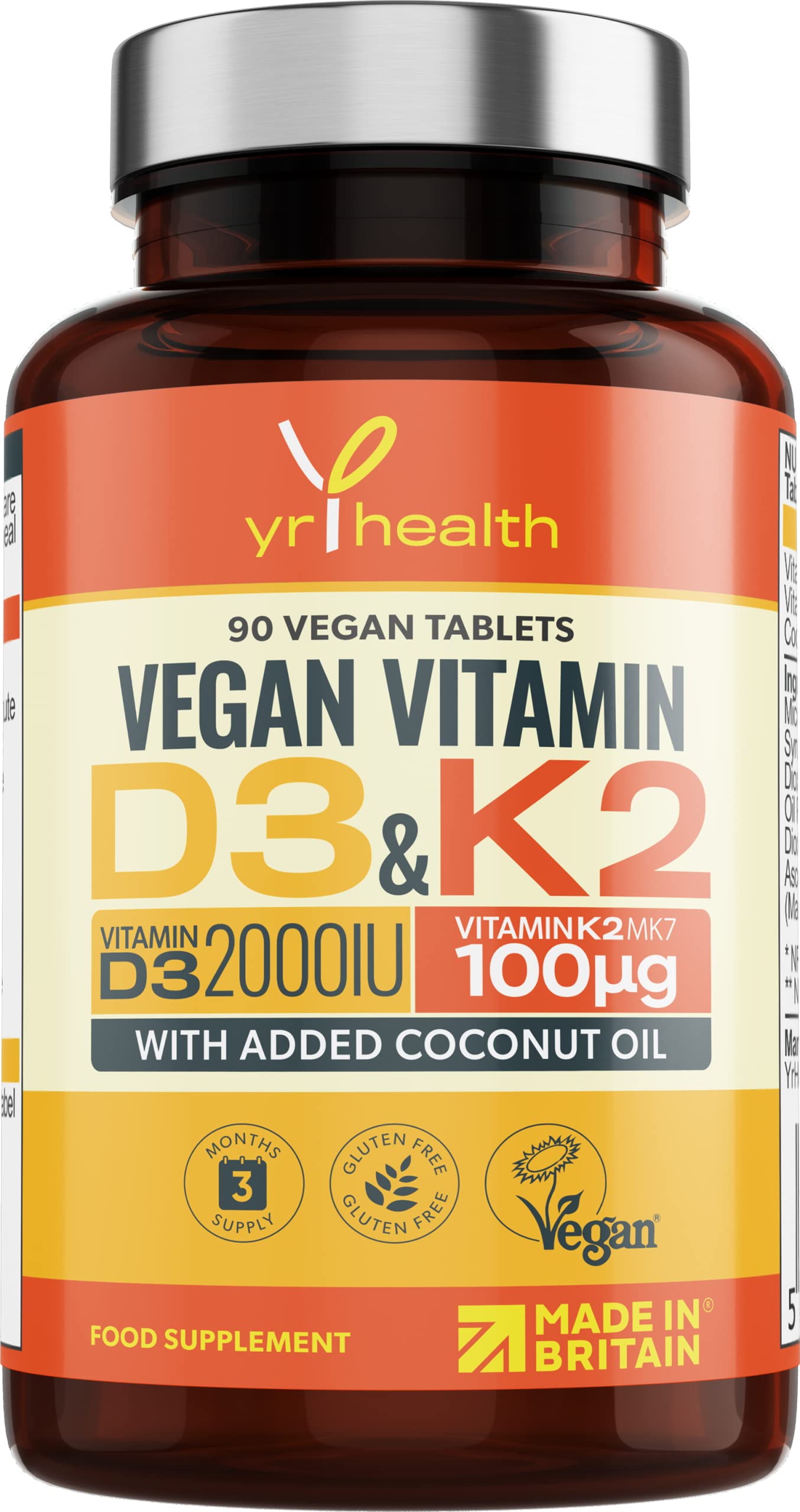 Vegan Vitamin D3 K2 Tablets High Strength & Coconut Oil for Absorbtion - Vitamin D 2000iu & Vitamin K2 Mk7 100mcg Plant Based Supplement for Immune System, Bones, Blood Calcium Levels, Made in The UK