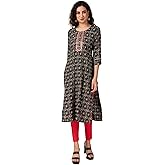 ladyline Mirror Embroidery Work Rayon Tunic Top Long Round Neck Printed Kurti Kurta Dress For Womens