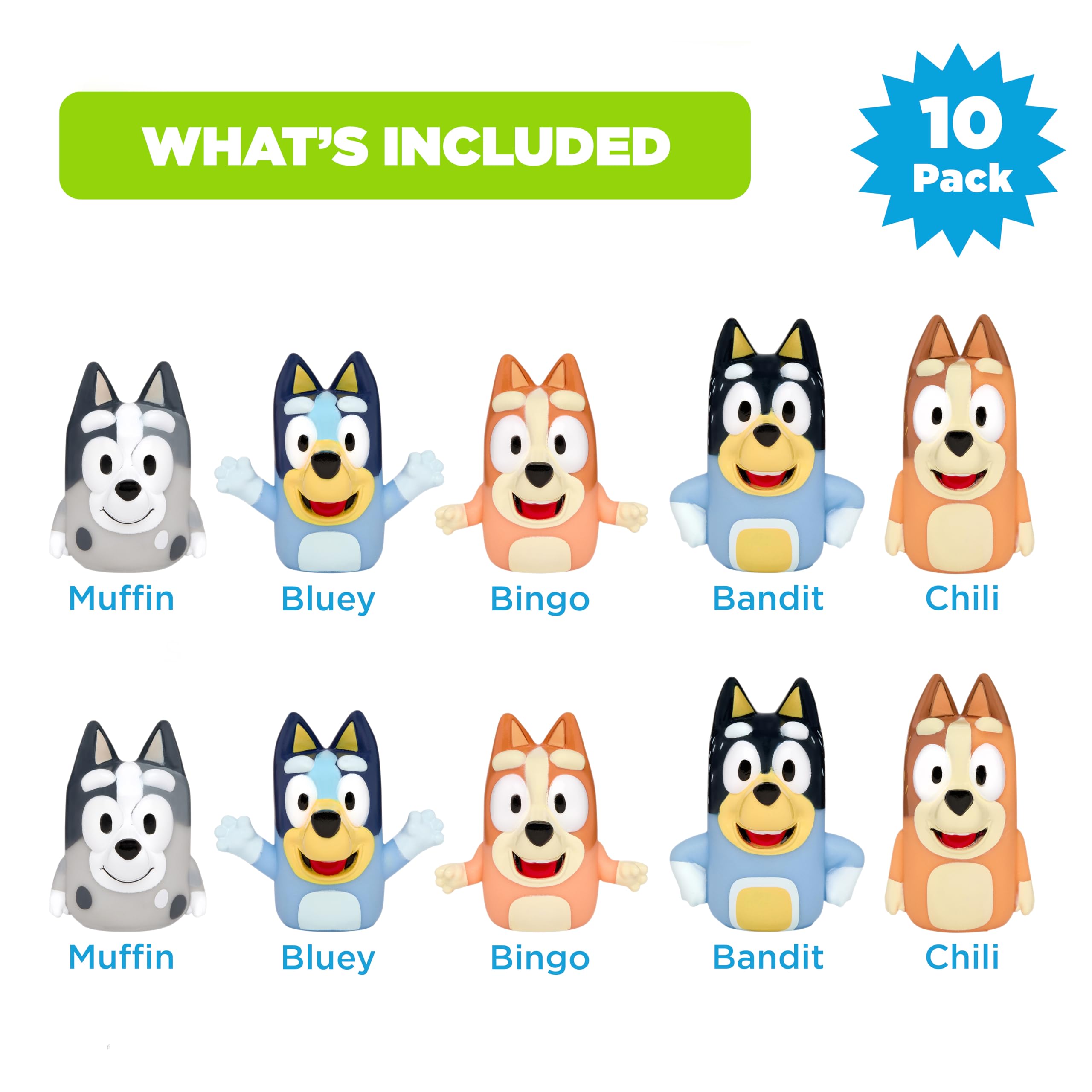 Bluey Bath Finger Puppets, 10 Pc - Party Favors, Educational, Bath Toys, Story Time, Beach Toys, Playtime, Stocking Stuffer