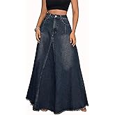 ebossy Women's Retro Distressed High Waist Frayed Hem A Line Wash Maxi Long Denim Skirt with Pockets