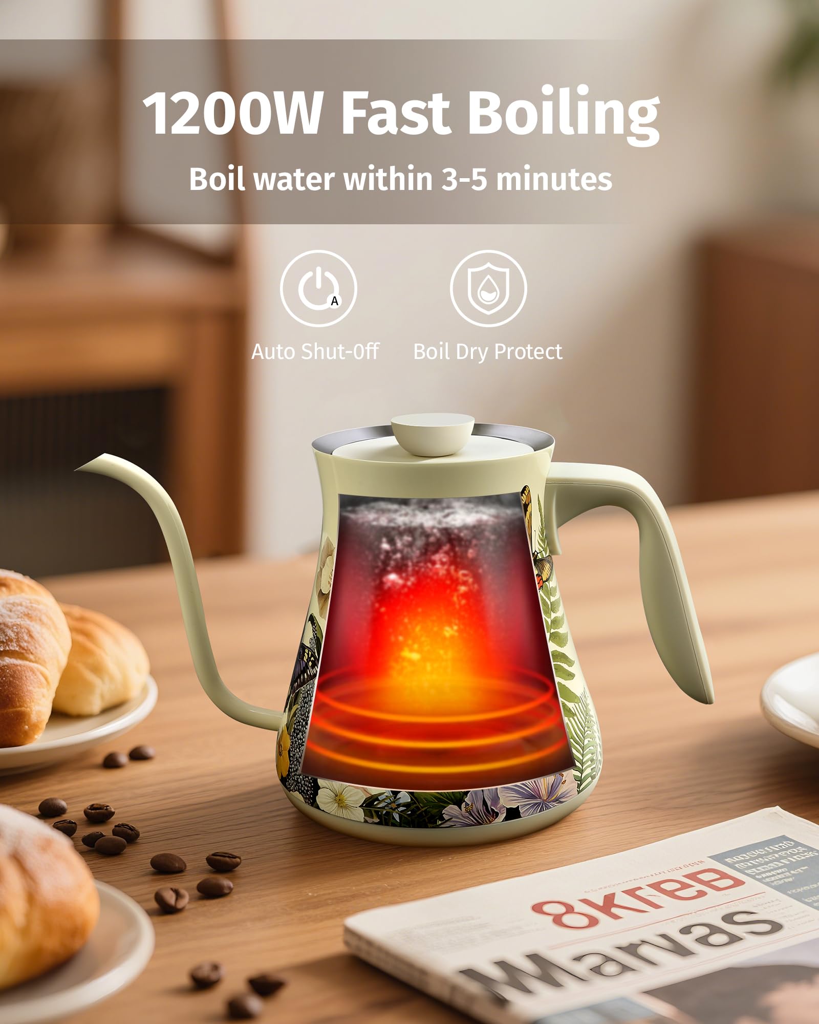 INFOOD Hervidor eléctrico de cuello de cisne de 0,8 L, control preciso de temperatura para verter café y té, agua de ebullición rápida de 1200 W, apagado automático, programación, acero inoxidable, diseño pintado floral