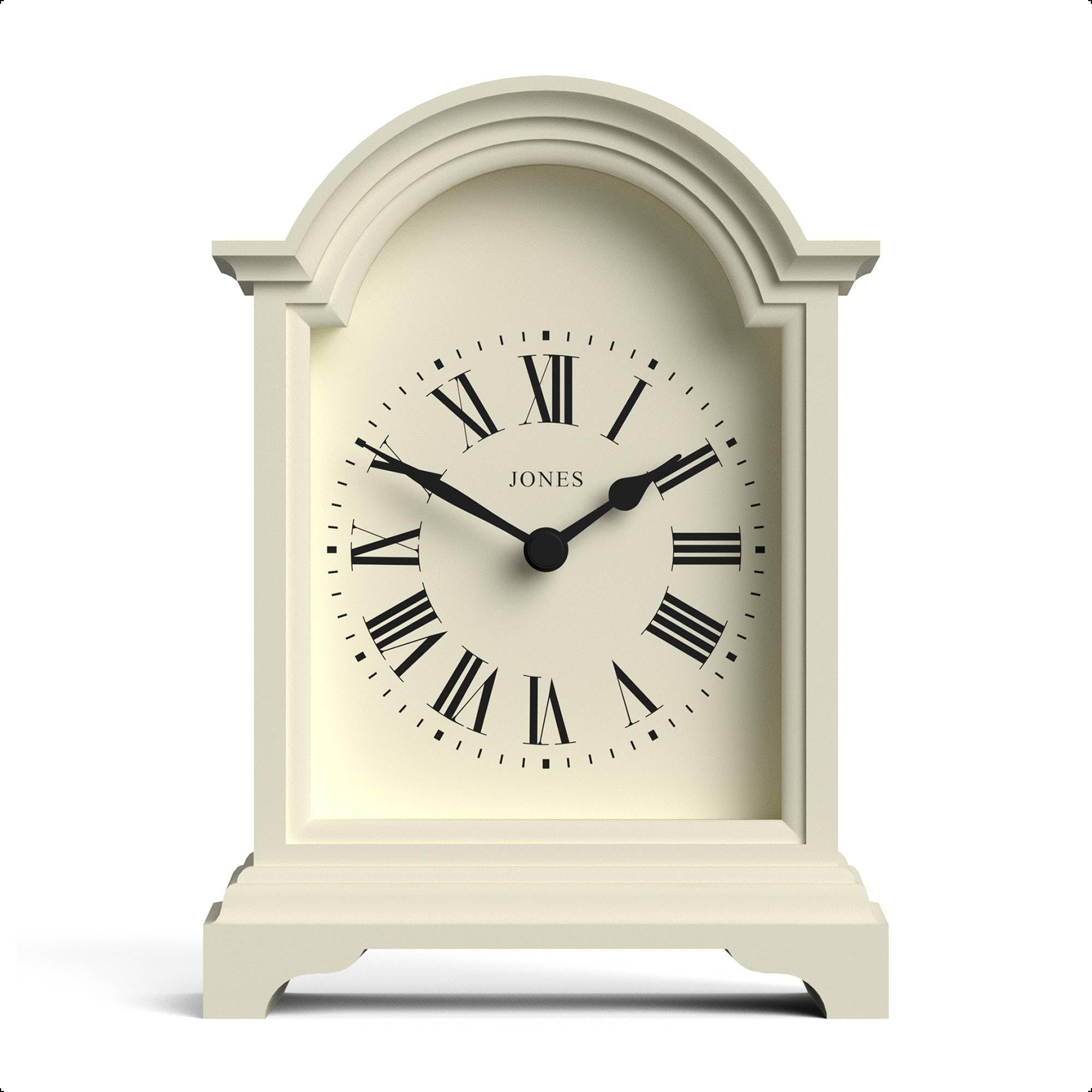 Jones Clocks® Bistro mantel clock | Small classic arch top carriage clock design | Pale cream | Contemporary classic style for mantel, desk, table, shelf and bedside