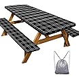 Picnic Table Cover with Bench Covers Camping Essentials Waterproof Windproof Camping Tablecloth with Drawstring Bag, Fitted Rectangle Tables and Seats, 96in, Black Checkered
