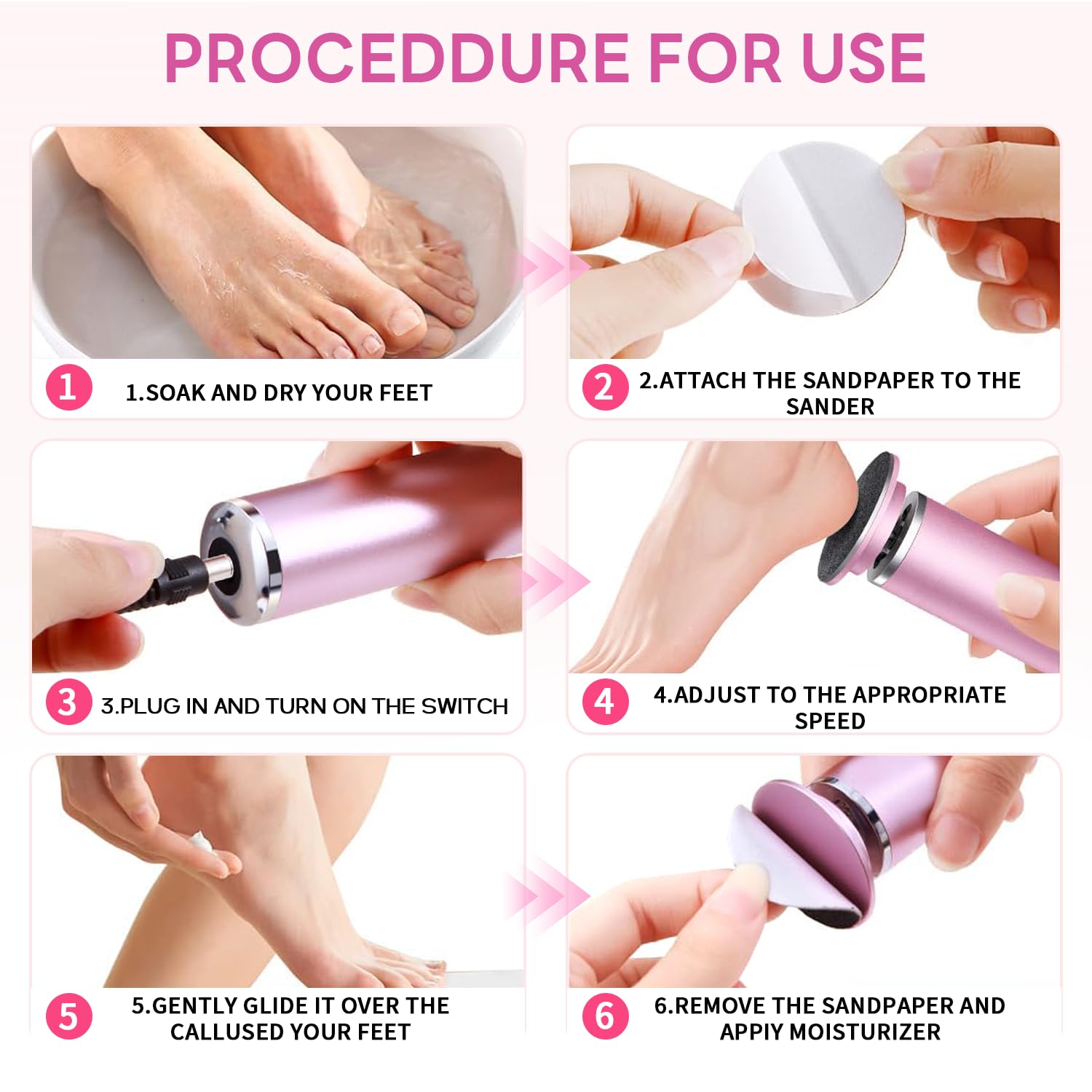 Dermave Electric Foot Callus Remover, 800RPM Electric Foot File Callus Remover for Feet with 60 pcs Sandpaper Discs, Stepless Speed Professional Foot Scrubber Pedicure Tools for Dead Skin and Calluses