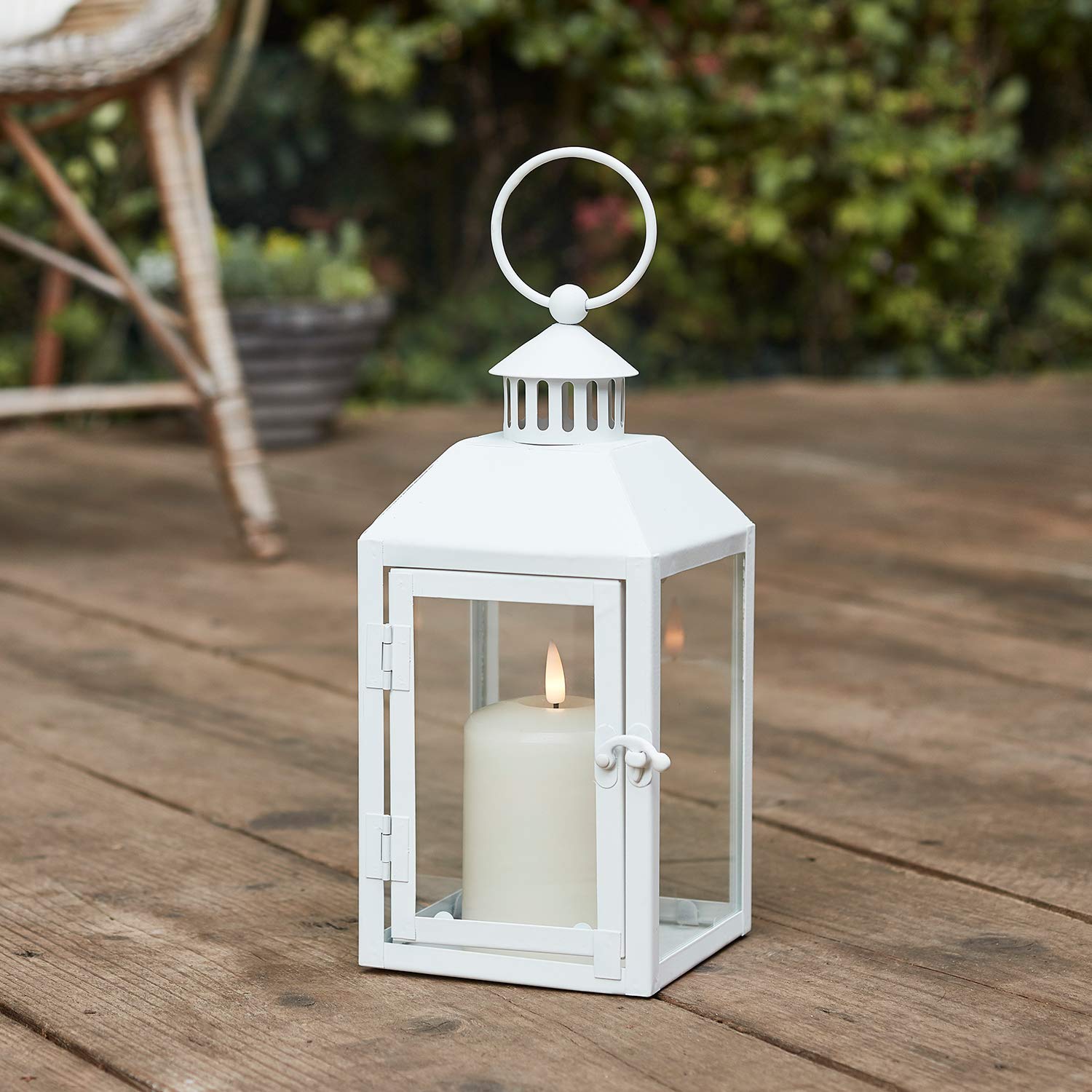 Lights4fun Outdoor Small Floor Lantern White Metal 26cm TruGlow LED Candle Timer
