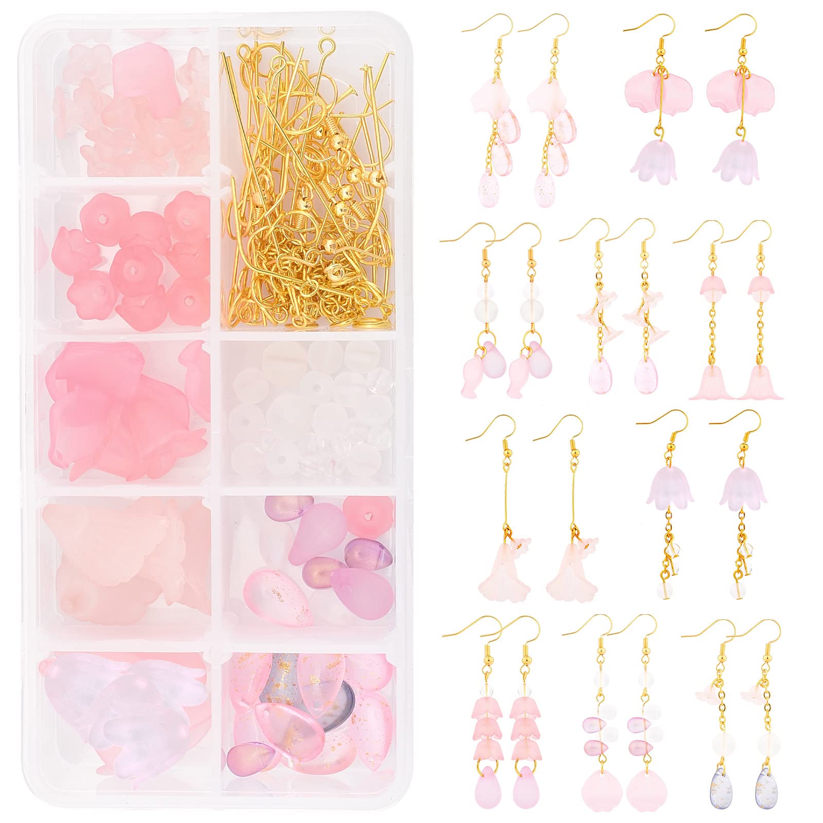 SUNNYCLUE 10 Pairs Flower Petal Earring Making Kit, Golden Acrylic & Glass Charms with Cable Chains & Earring Hooks, DIY Jewelry Making for Women Adults