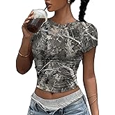 QJQ Women's Y2k Camo Crop Tops Short Sleeve Crewneck Maple Leaf Print Slim Fit T Shirts Grunge Going Out Top