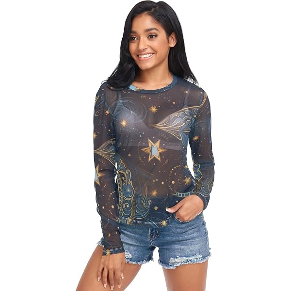 Ethnic Moon Stars Women Mesh Sheer T Shirt, Mesh Tops See Through