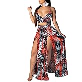 EOSIEDUR Women's Chiffon Bohemian Floral Printed 2 Piece Sets Crop Cami Top & Split Beach Party Maxi Dress
