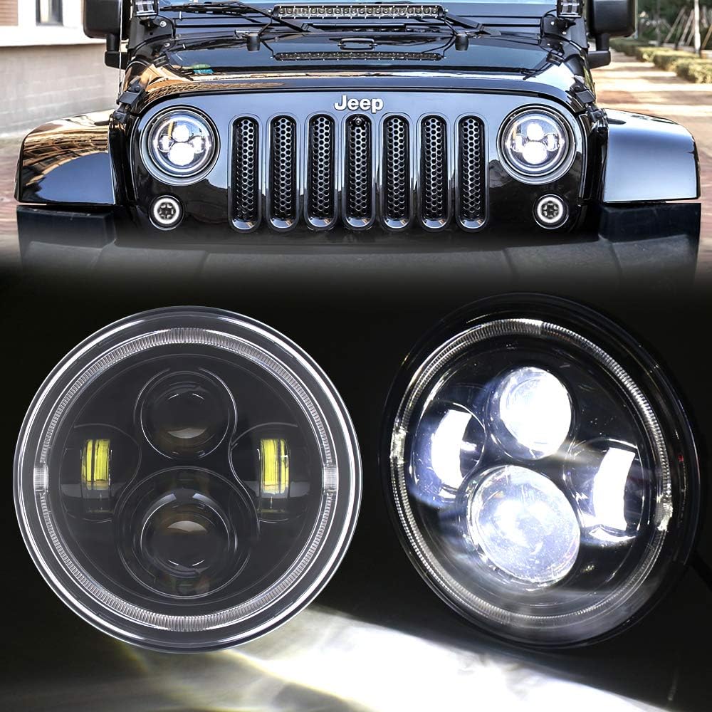 DDUOO 7inch Round LED Headlights White/Amber Crystal Halo High/Low Beam Headlamp for Jeep Wrangler JK JKU TJ LJ CJ Hummer H2-2 Pack: Black
