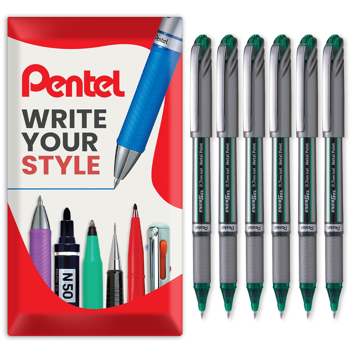 Pentel Energel BL27 Liquid Gel Ink Rollerball Pen - 0.7mm Metal Tip - In Envelope Gift Packaging (Green Pack of 6)