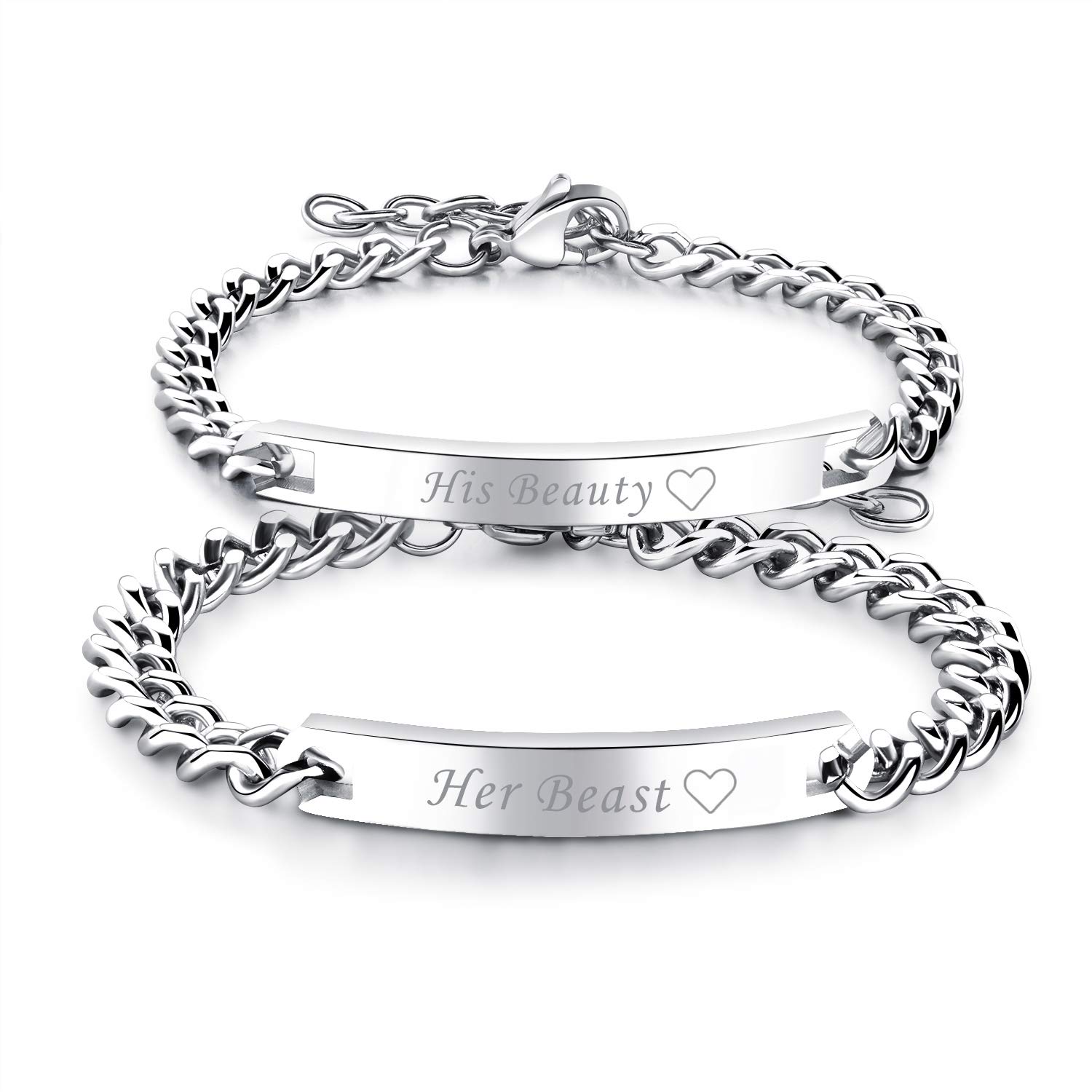JewelryWe Ideal Gift for His & Hers Matching Set Bracelet His Beauty Her Beast Engraved Stainless Steel Couple Bracelets
