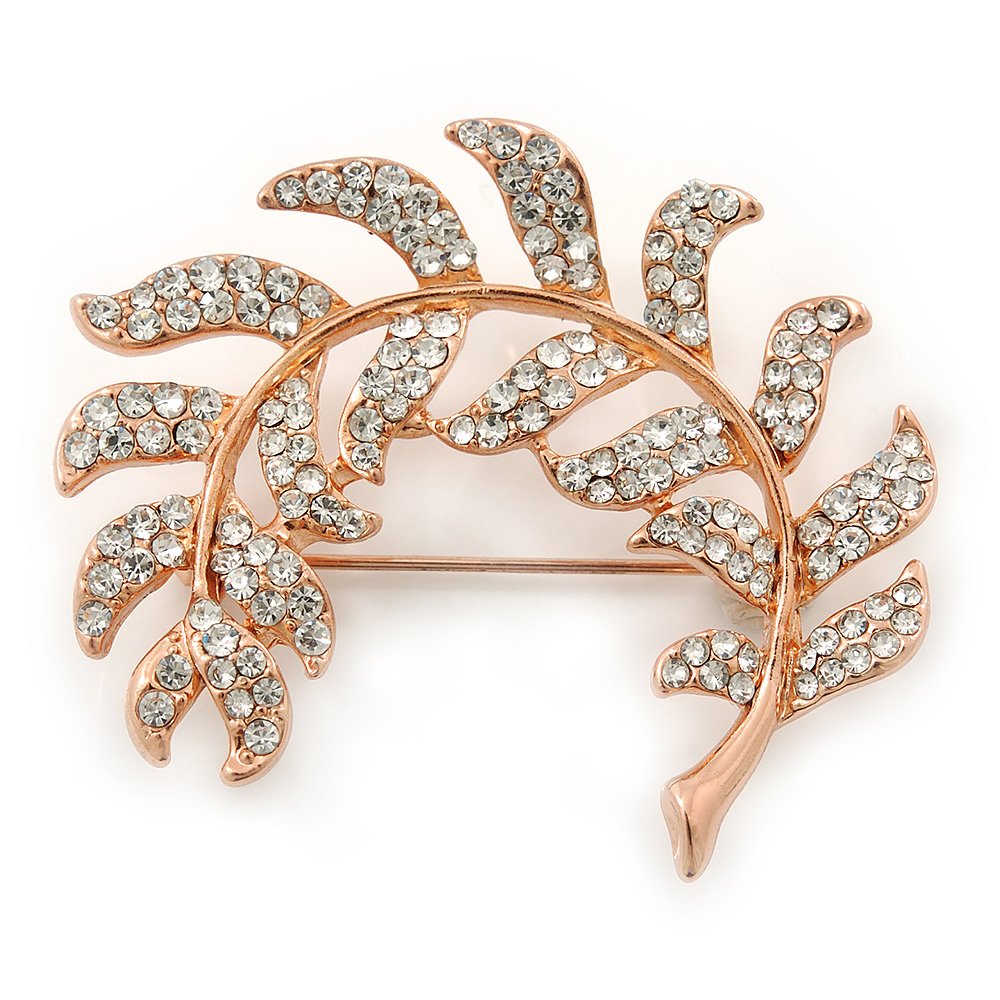 Rose Gold Plated Clear Diamante 'Leaf' Brooch - 47mm Width