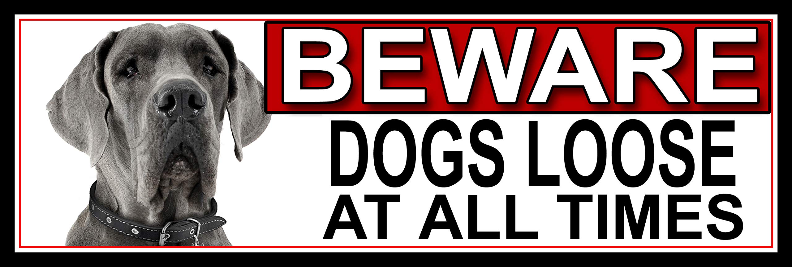 SHAWPRINT Great Dane BEWARE DOGS LOOSE AT ALL TIMES METAL GATE SIGN 266mm x 87mm. (396H2)