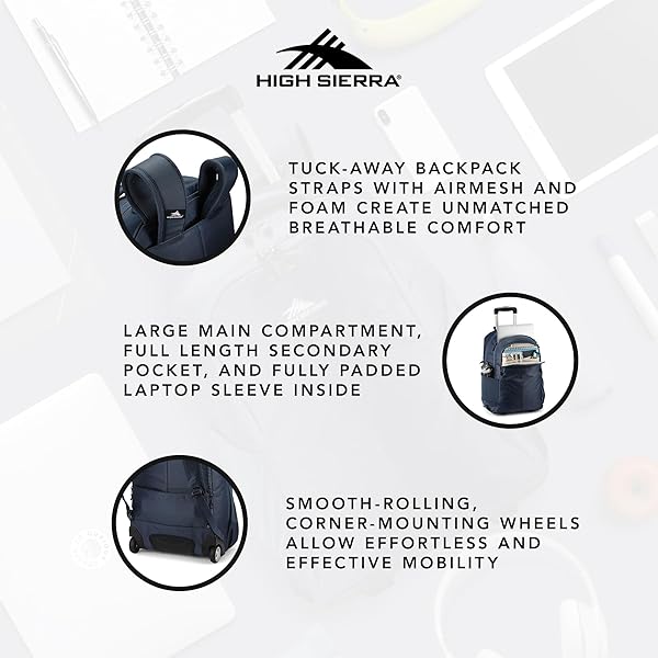 HIGH SIERRA POWERGLIDE PRO WHEELED BACKPACK, ROLLING LAPTOP BAG FOR TRAVEL, FITS MOST 15.6” LAPTOPS, 40L, INDIGO BLUE