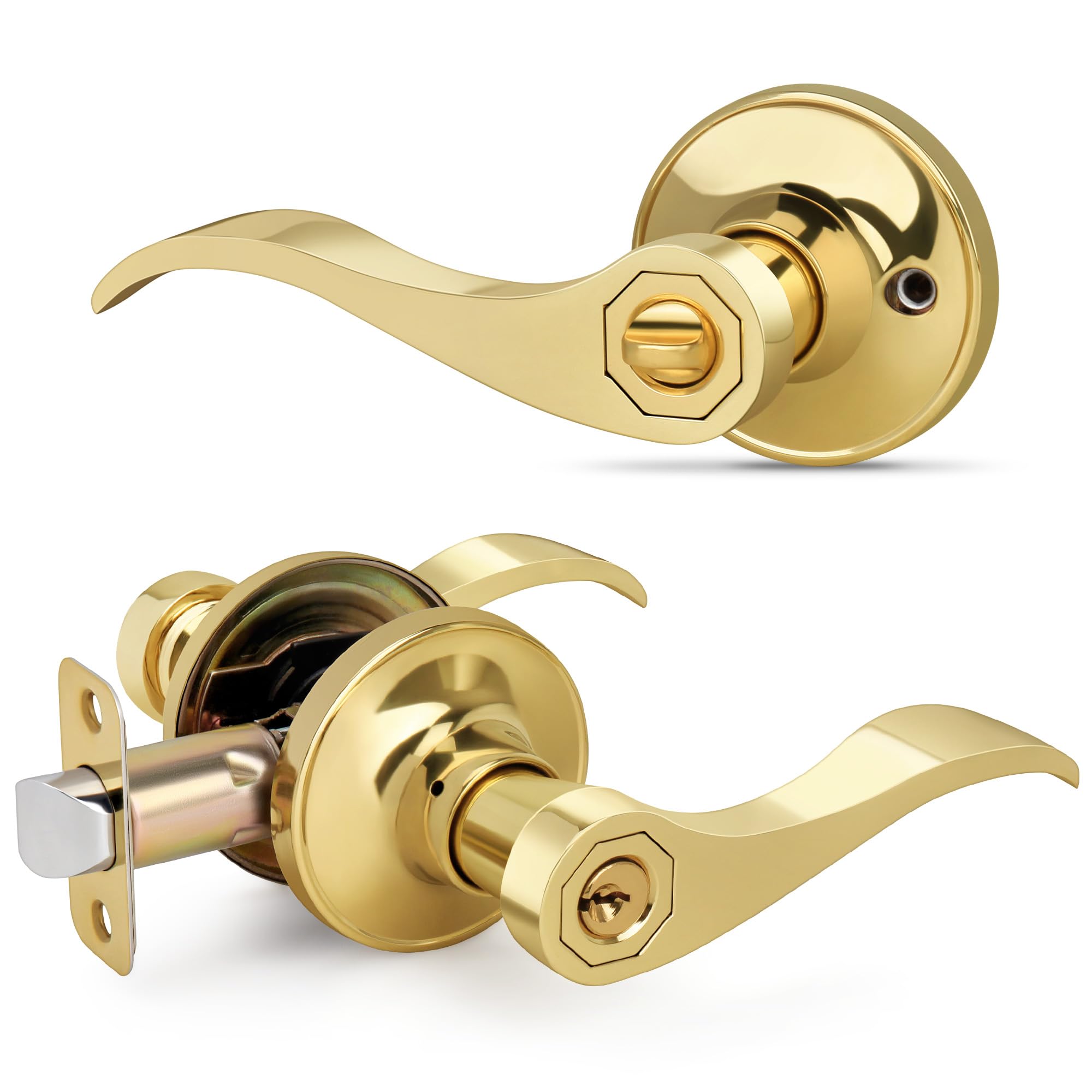 Photo 1 of LOQRON Wave Style Door Lever, Keyed Entry Door Handle with Lock, Gold Entrance Lever Reversible for Left/Right Handed for Office or Front Door with Polished Brass Finish, 1 Pack
