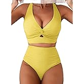 Herseas Women's Textured Bikini Sets Twist Front Top Swimsuits High Waisted Bathing Suits