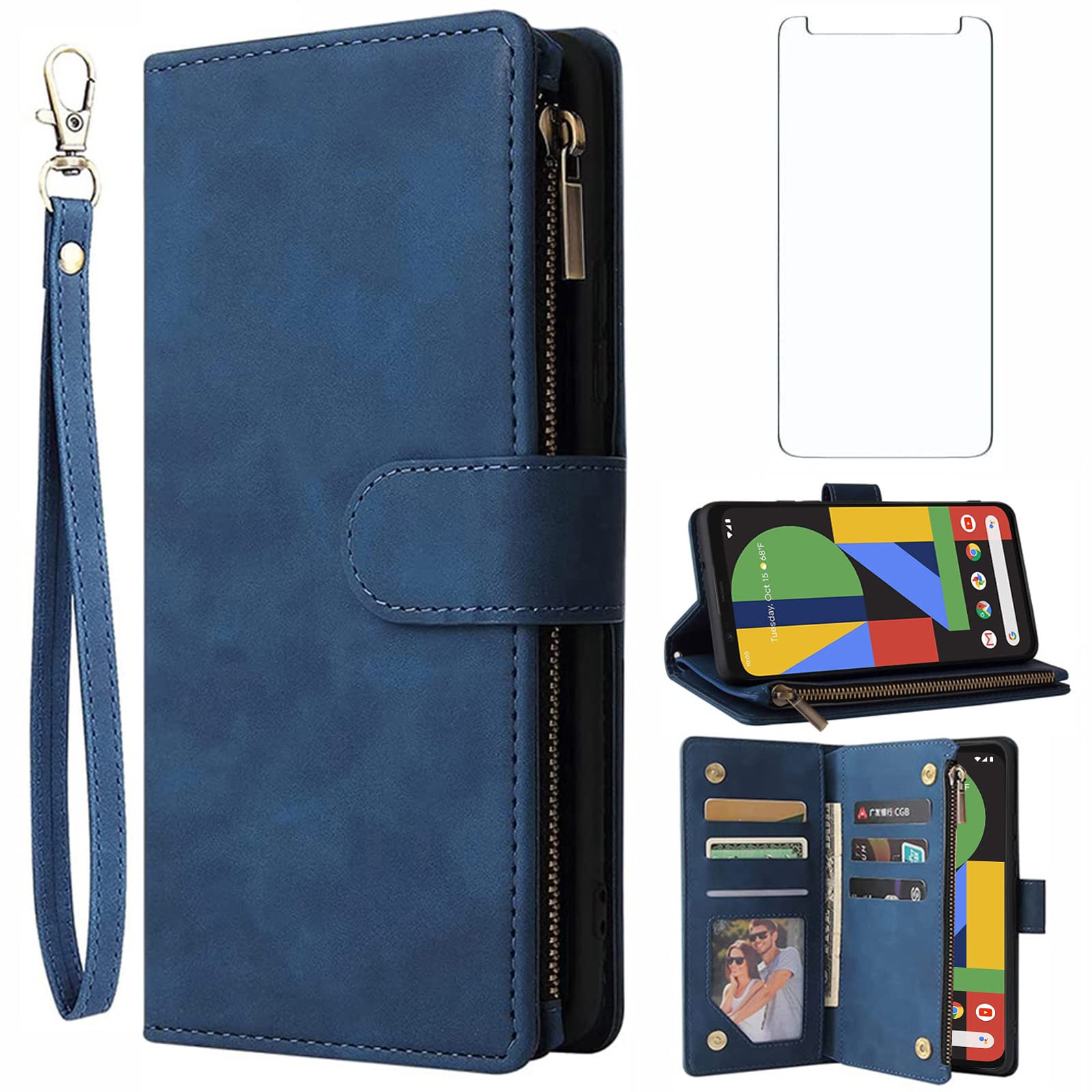 Asuwish Compatible with Google Pixel 4 Wallet Case Tempered Glass Screen Protector and Leather Flip Cover Card Holder Magnetic Stand Cell Accessories Phone Cases for Pixel4 Pixle Four Women Men Blue