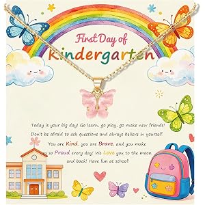 First Day of Kindergarten Preschool Butterfly Necklace, Back to School Gift | 18K Gold Plated Charm for Daughter or Granddaug