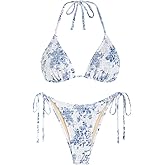 seamoly Smocked Swimsuit for Women Tie Back Bikini Sets High Cut Spaghetti Strap Cute Two Piece Bathing Suit Blue Floral M