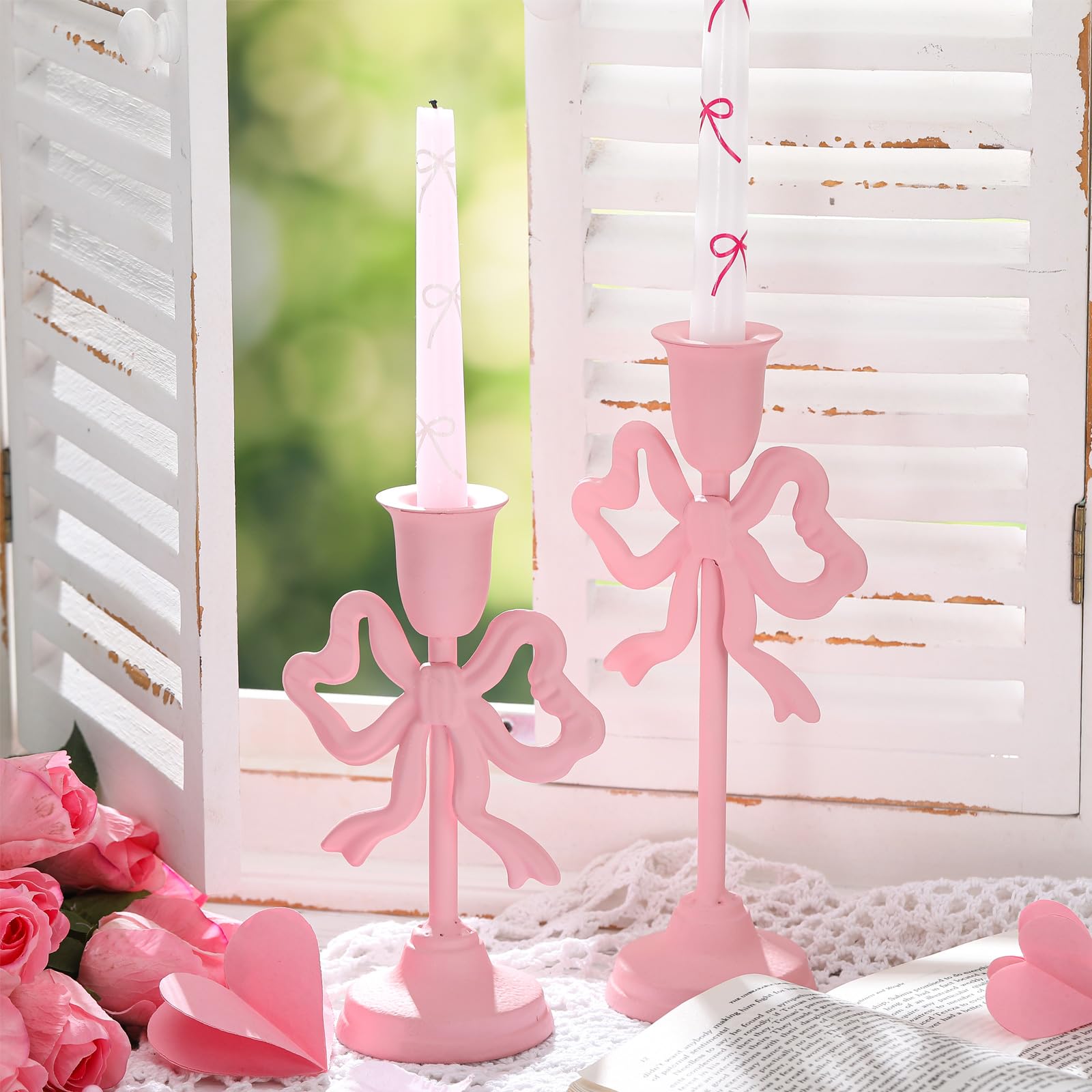 Photo 1 of Mumufy 2 Pcs Pink Bow Taper Candlestick Holders Tall Pillar Candle Holders Decorative Candlestick Holder for Home Decor, Wedding, Dinning, Party, 2 Size 10 Inch 8 Inch, Single Sided Bow