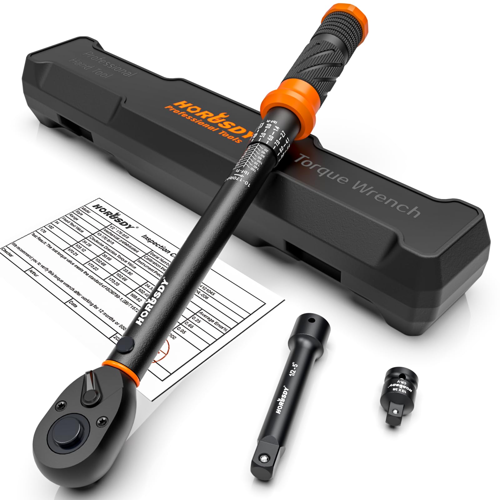 Photo 1 of HORUSDY 1/2-Inch Drive Click Torque Wrench Set – 10–170 ft-lb / 13.6–230.5 Nm, ±3% Precision, Dual Scale, 72-Tooth Reversible Head with 5" Extension & Adapter for Car, Tire, and Motorcycle Use