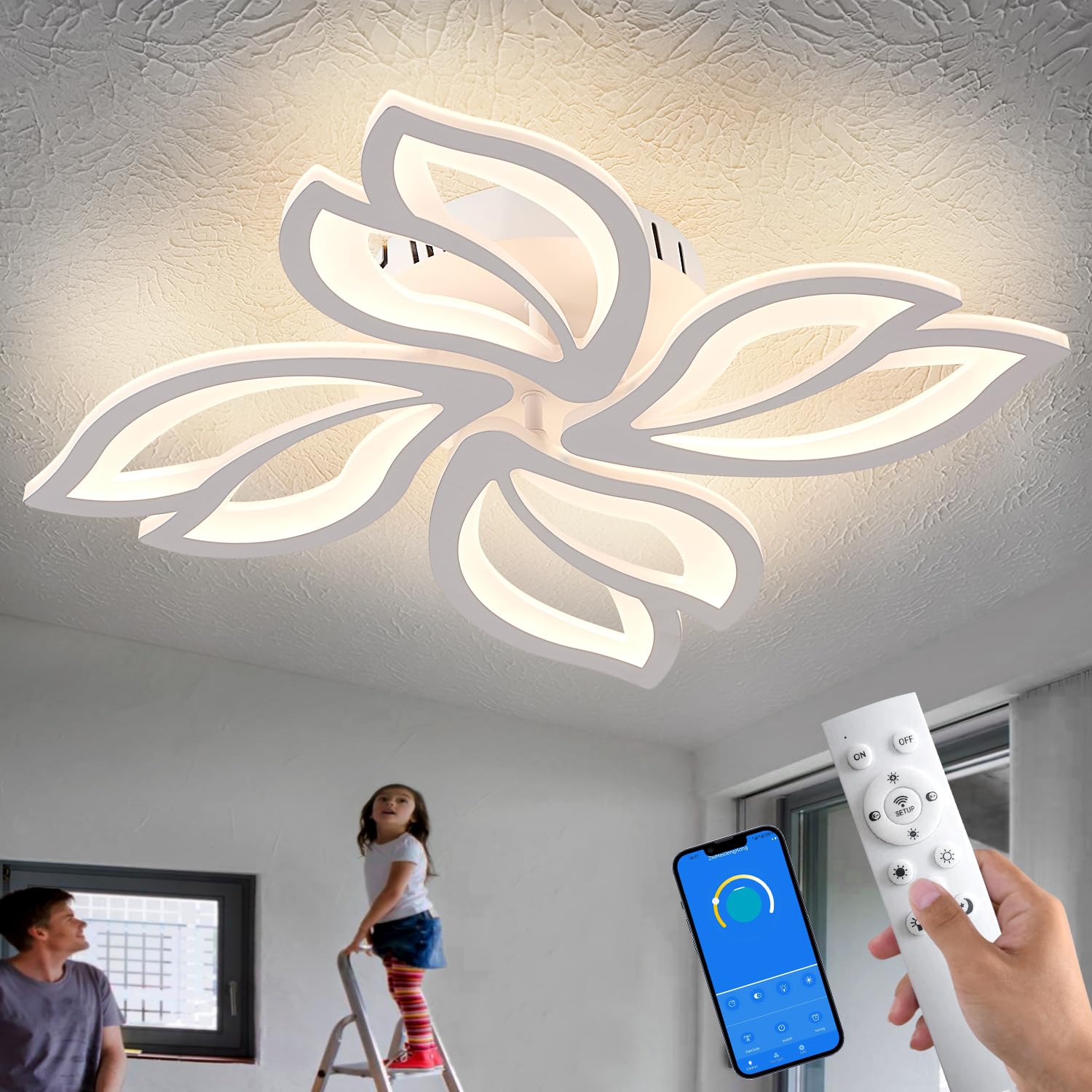 Photo 1 of haodengshi Modern White Ceiling Light Fixture, 22" Flower Dimmable LED Light Fixtures, Low Profile Flush Mount Ceiling Light with Remote Control for Bedroom, Kitchen, Living Room