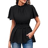 Rooscier Women's Frill Mock Neck Ruffle Short Sleeve Keyhole Back Shirred Ruched Blouse Tops