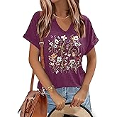 Women's Floral T-Shirts V-Neck Dandelion Sun Flower Graphic Casual Tee Boho Tops Cute Wildflowers Shirts
