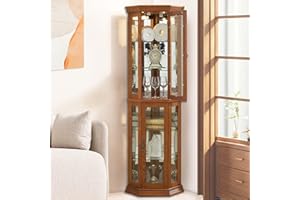 FIRSCOOK 69.49"HCorner Curio Cabinet,Lighted Wooden Corner Curio Cabinet,Corners Glass Display Cabinets with Tempered Glass Doors and Shelves,6-Layer Corners Cabinets,Curiocabinet for Living Room(Oak)