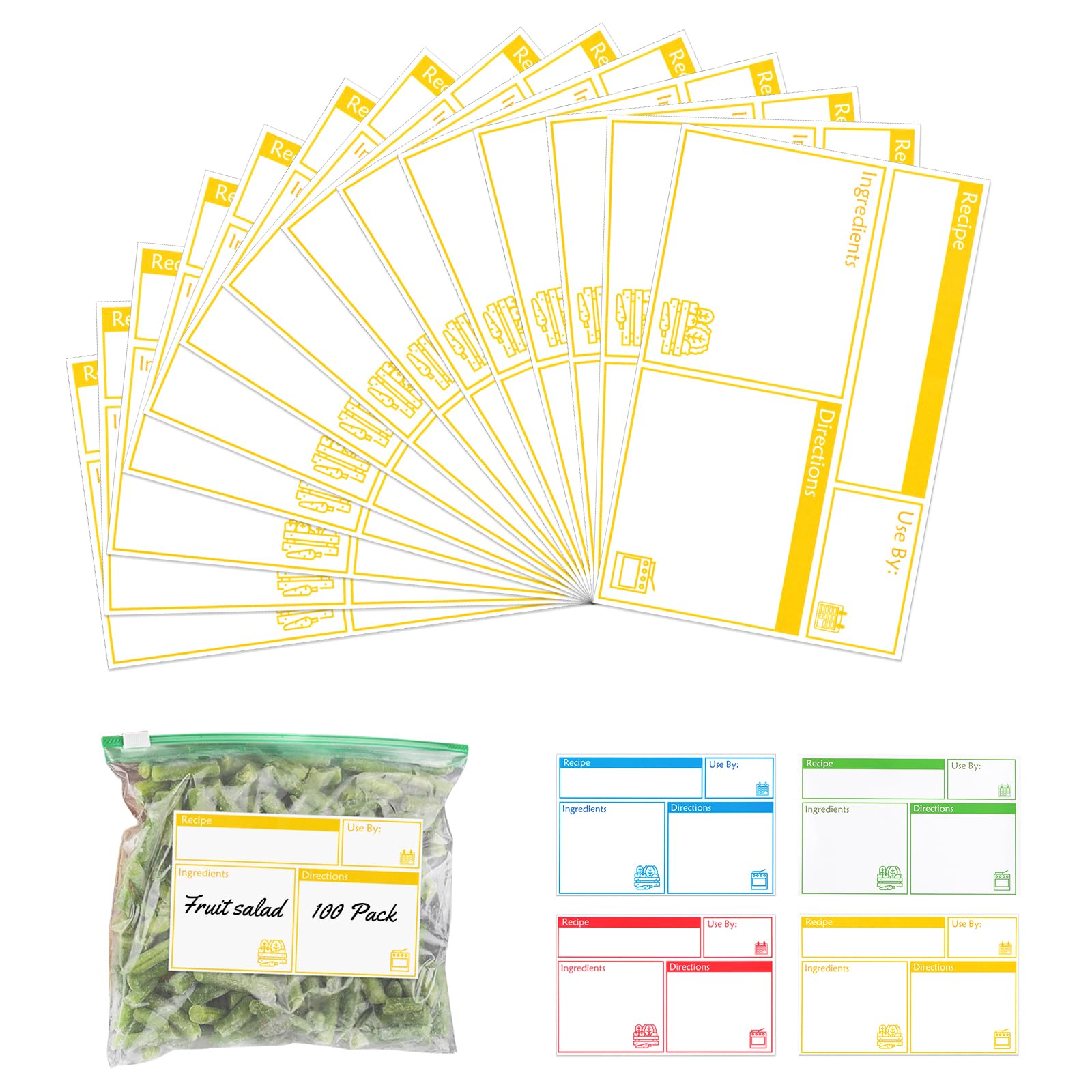 Photo 1 of 100pcs Labels for Freezer Bags Freezer Meal Labels with Instructions 3.2 X 5 inch Oil and Water Resistant Labels Food Labels for Freezer Storage for Leftovers in Fridge Removable Freezer (Yellow)