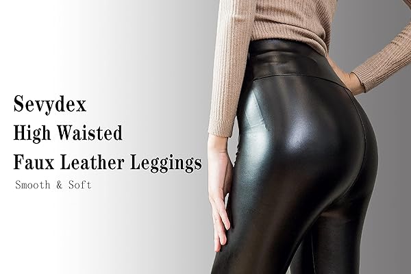 SEVYDEX WOMEN’S FAUX LEATHER HIGH WAIST LEGGINGS SEXY STRETCH LEATHER PANTS FOR WOMEN (0101BASIC-BLACK, SMALL, REGULAR)