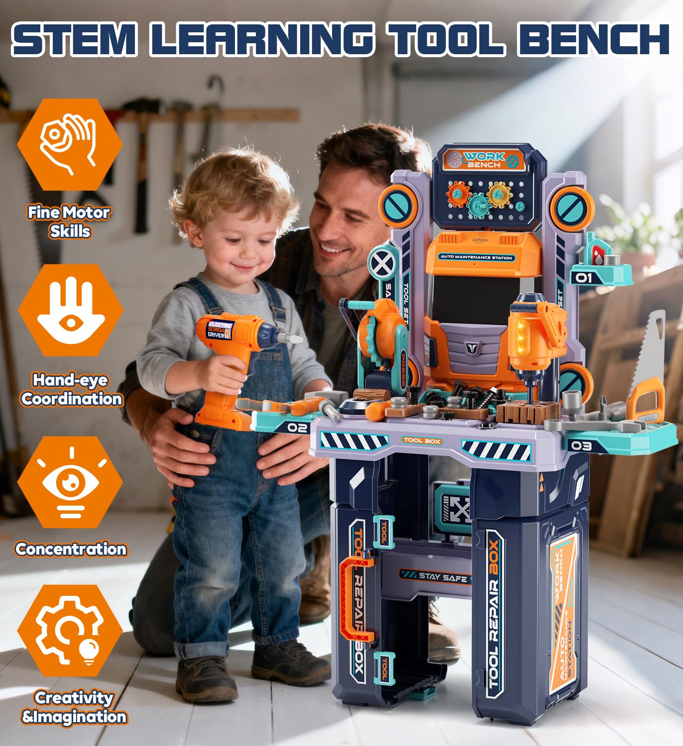 Lehoo Castle Werkbank Kinder 83cm Großformat, Transformierbarer LKW mit Elektrischem Werkzeug Bohrhammer mit Licht & Sound, Werkzeugkoffer Lernspielzeug, Geschenk für Jungen Mädchen ab 3 4 5 Jahren 5